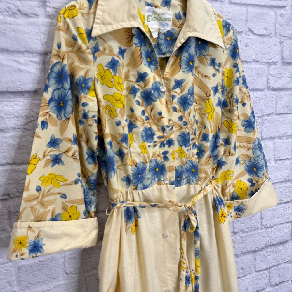 Vintage The Great Entertainers Sears Dress 70s Floral Belt Beige Size S Button - Picture 4 of 8